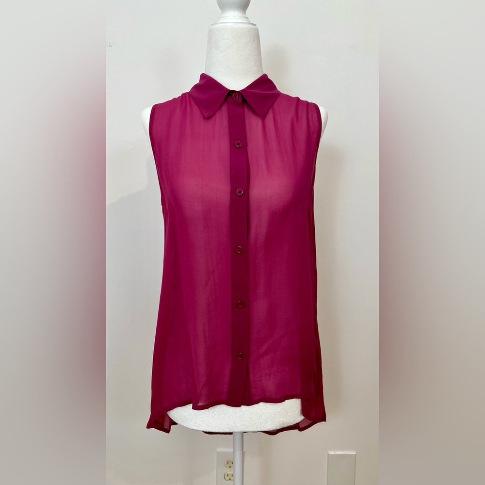 Sheer Maroon/Burgundy Sleeveless Button Up Blouse